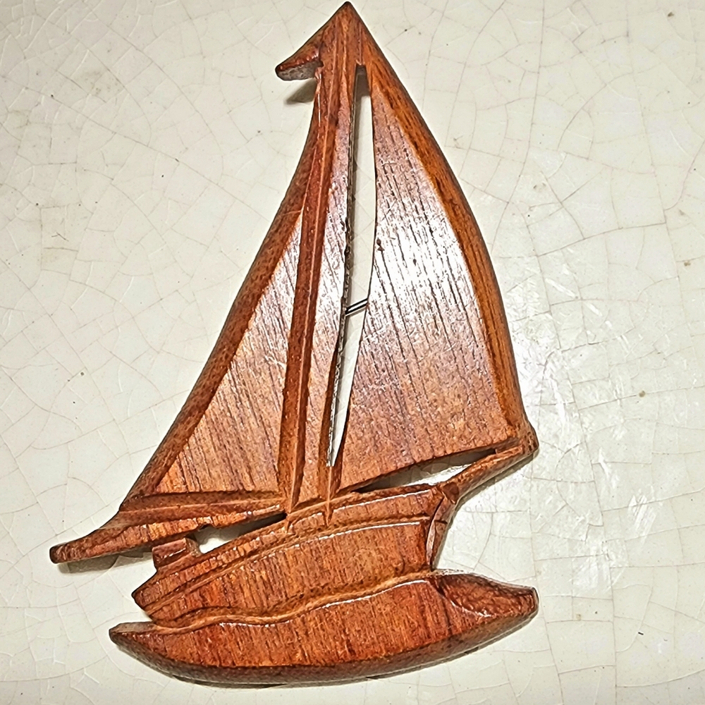 Large Brown Wooden sailboat brooch, Nautical,